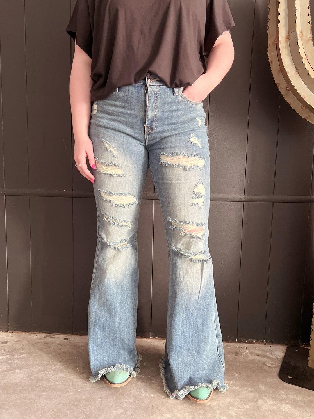 High Rise Tummy Control Distressed Flare Jeans | gussieduponline