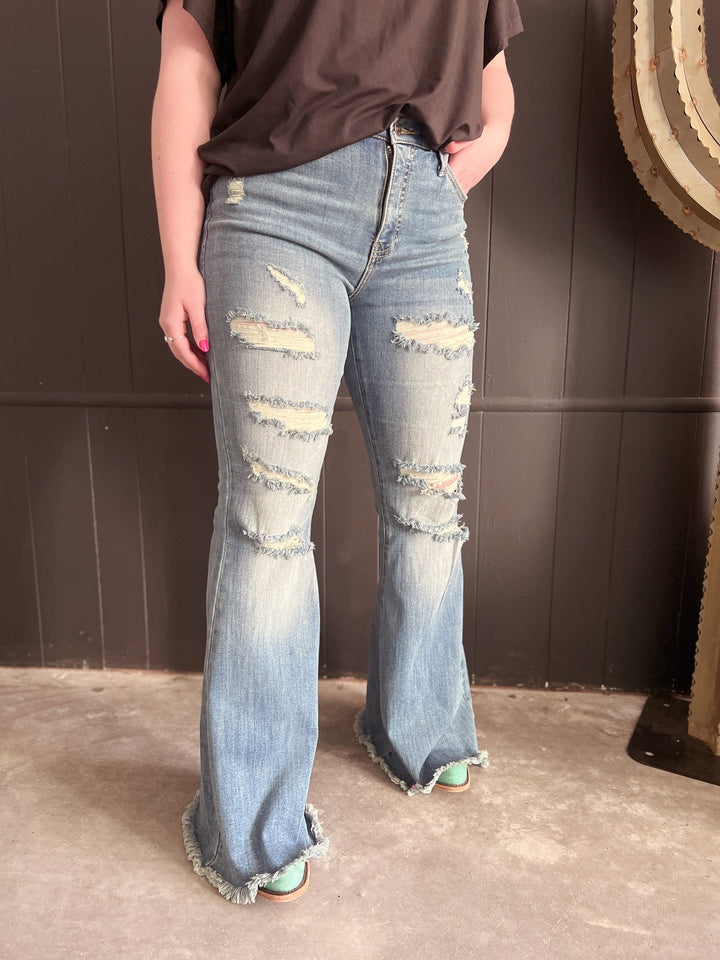 High Rise Tummy Control Distressed Flare Jeans | gussieduponline
