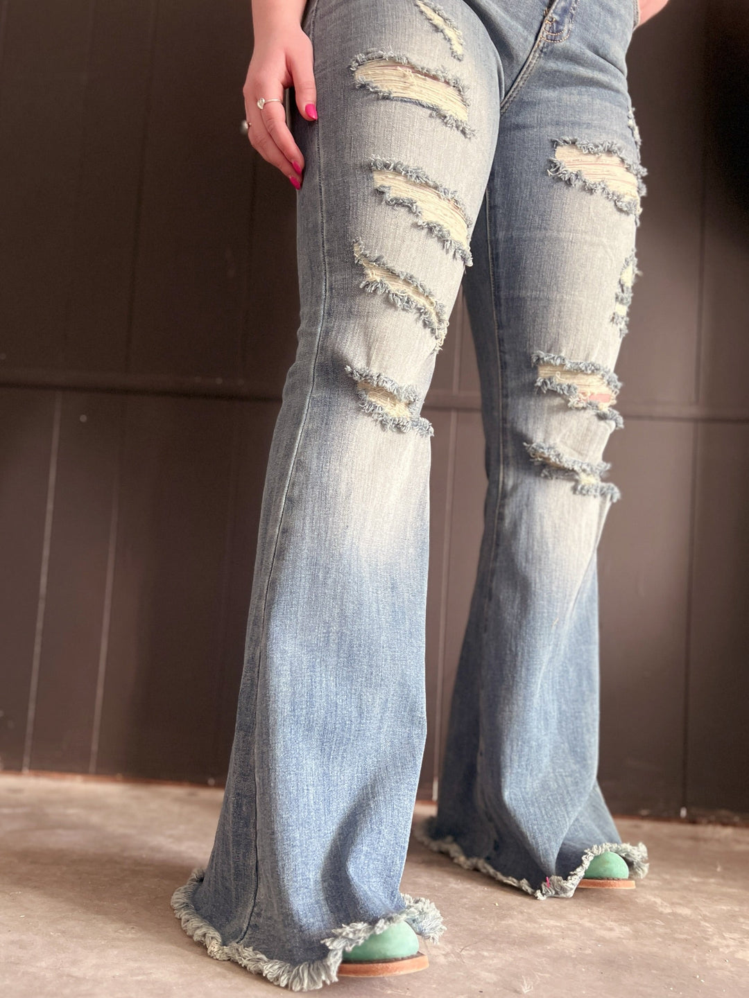 High Rise Tummy Control Distressed Flare Jeans | gussieduponline