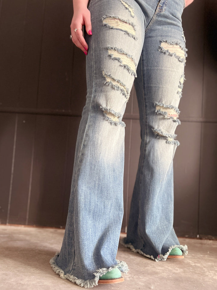 High Rise Tummy Control Distressed Flare Jeans | gussieduponline