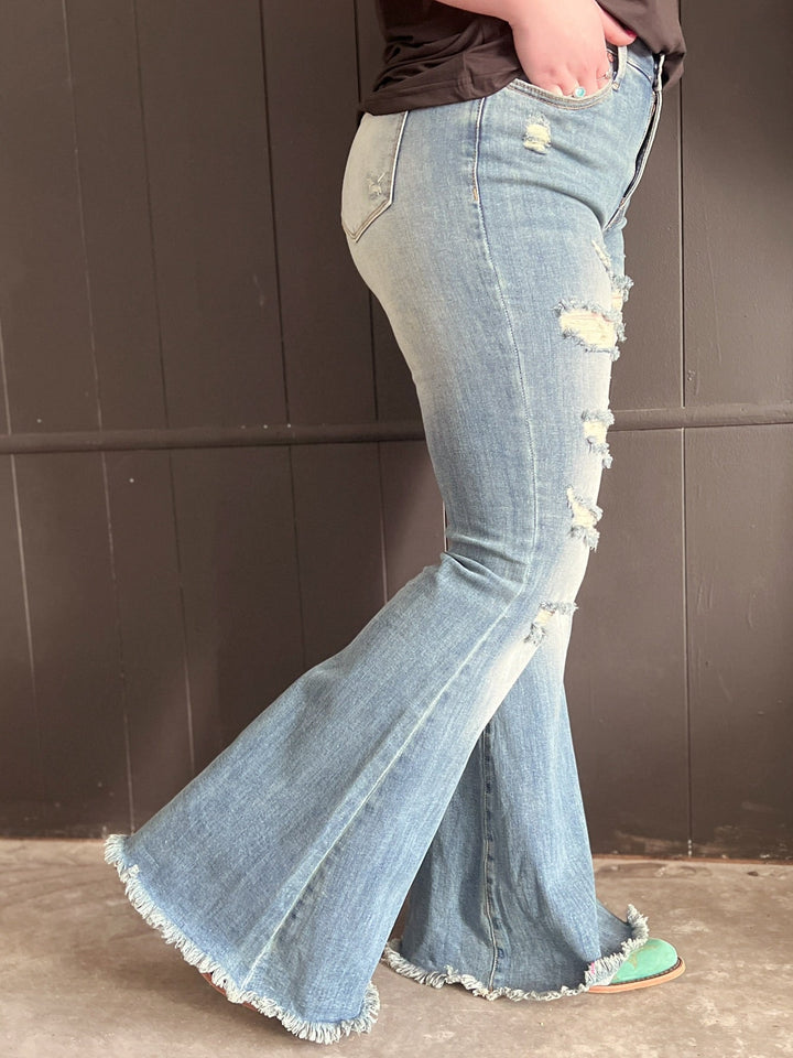 High Rise Tummy Control Distressed Flare Jeans | gussieduponline