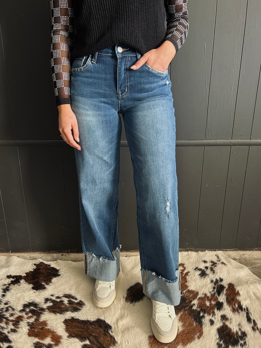 High Rise Wide Leg Cuff Jeans
