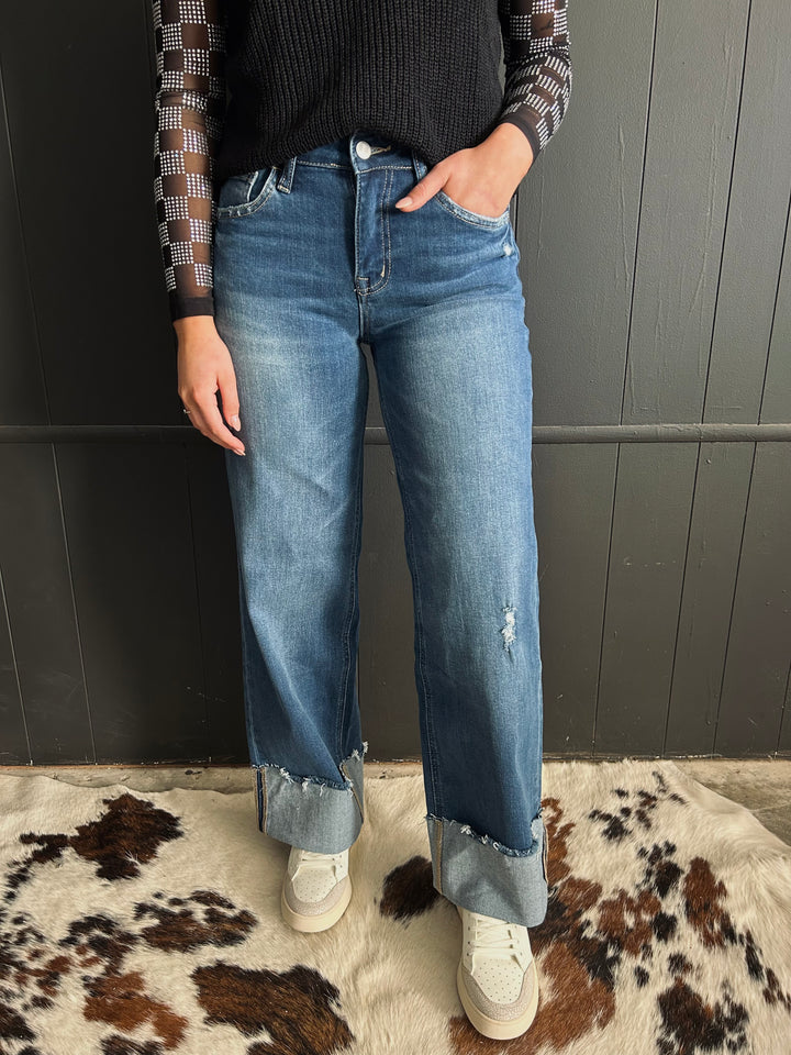 High Rise Wide Leg Cuff Jeans