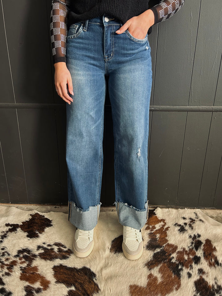High Rise Wide Leg Cuff Jeans