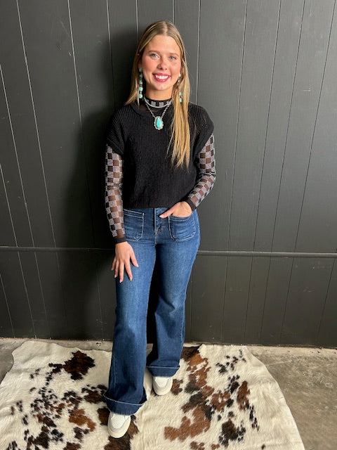 High Rise Flare Front Patch Pocket Dark Wash Jeans