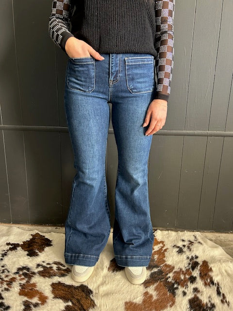 High Rise Flare Front Patch Pocket Dark Wash Jeans