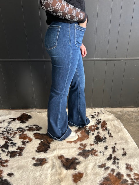 High Rise Flare Front Patch Pocket Dark Wash Jeans