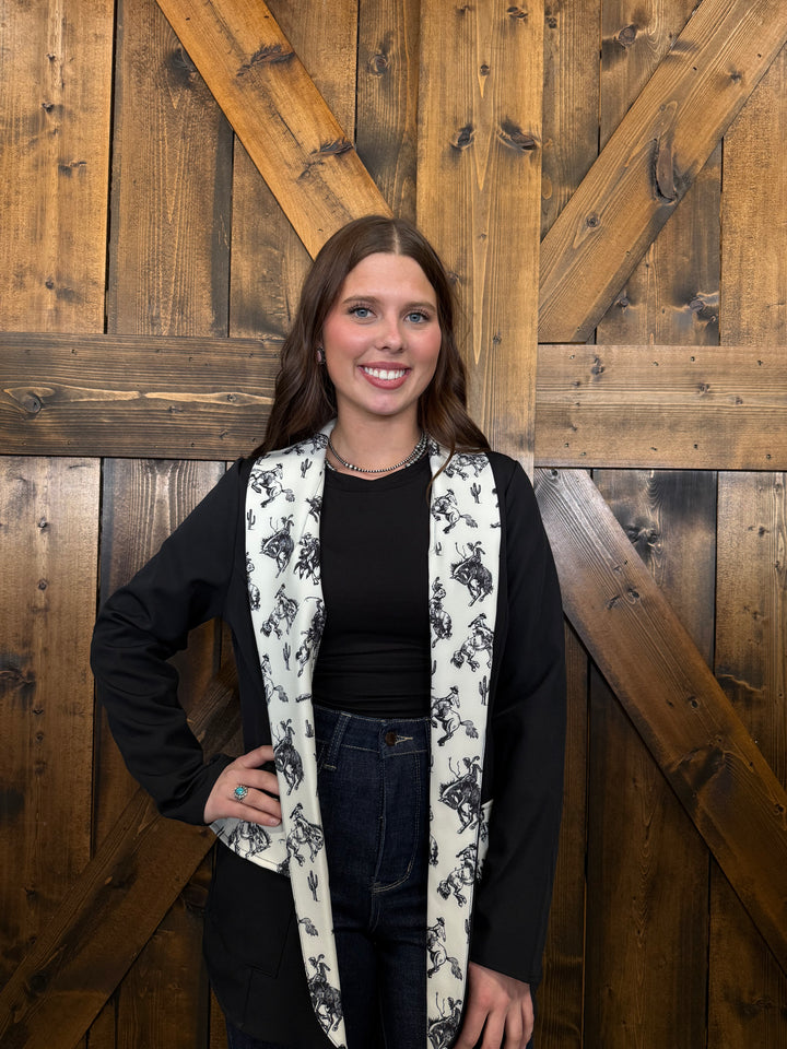 Black Cowboy Print Color Block Woven Blazer