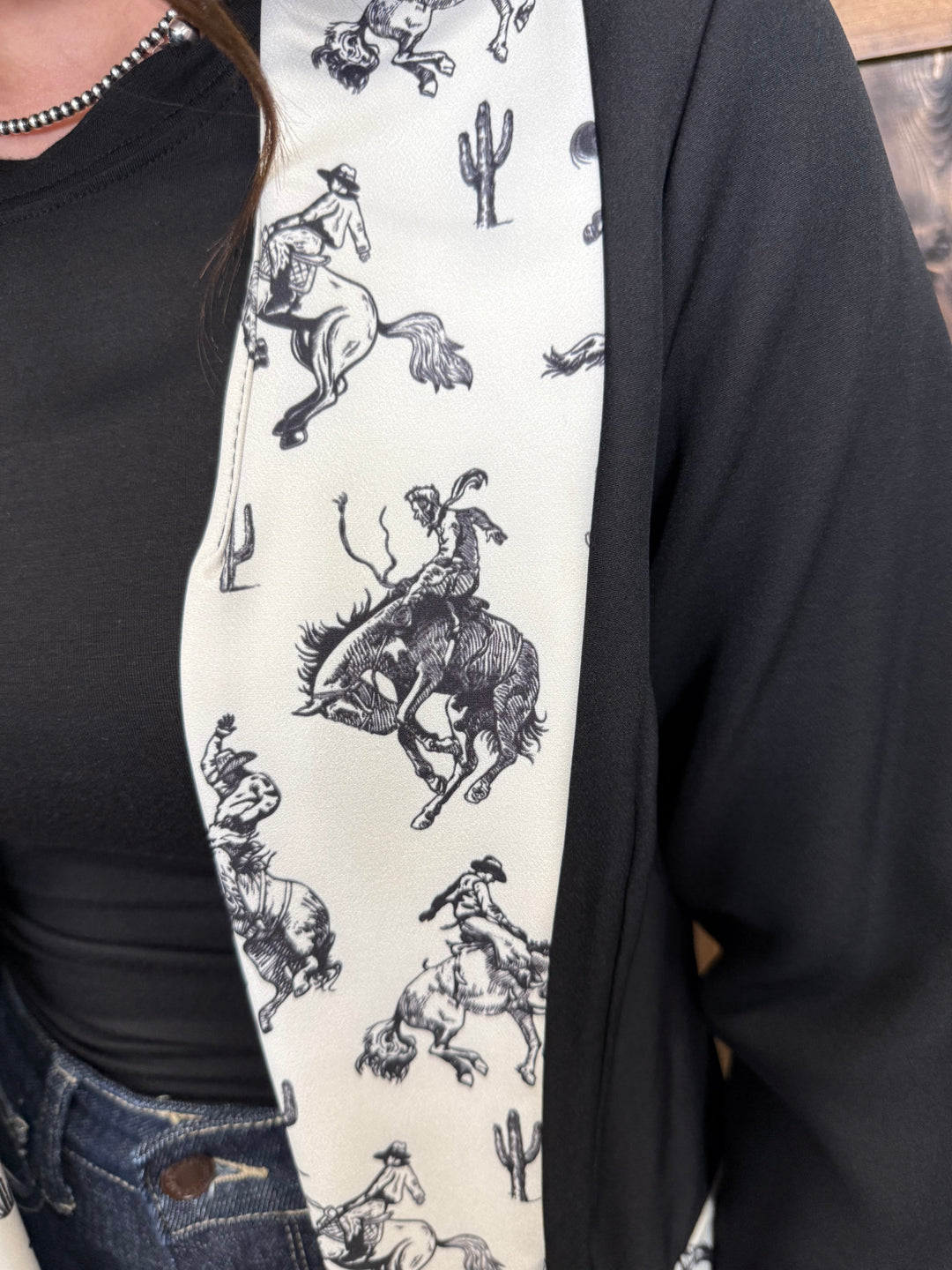 Black Cowboy Print Color Block Woven Blazer