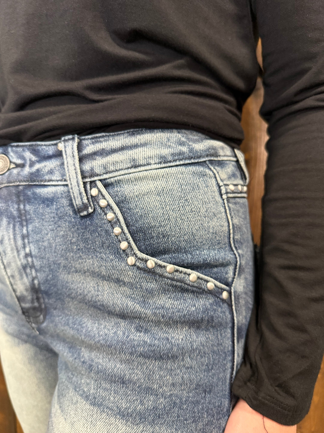 L&B Mid Wash Cuffed High Rise Studded Pocket Jeans