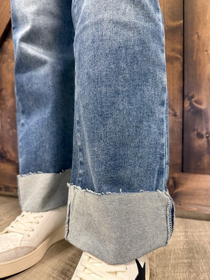 L&B Mid Wash Cuffed High Rise Studded Pocket Jeans