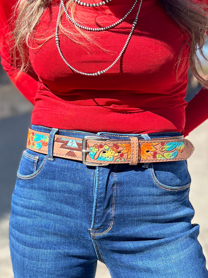 Olay Hand Painted Desert Flowers Tooled Leather Belt