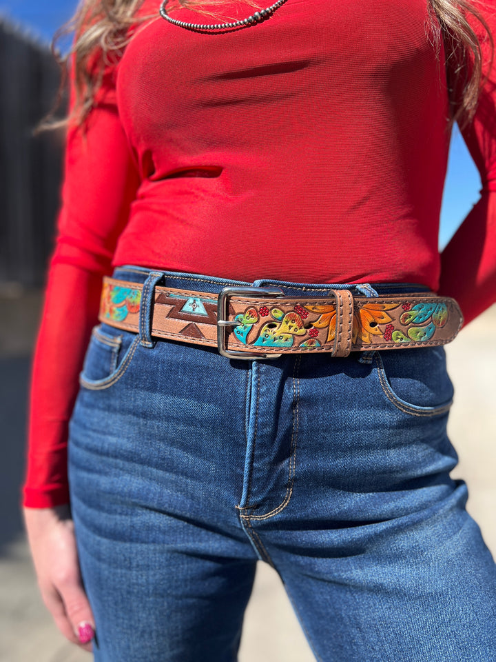 Olay Hand Painted Desert Flowers Tooled Leather Belt