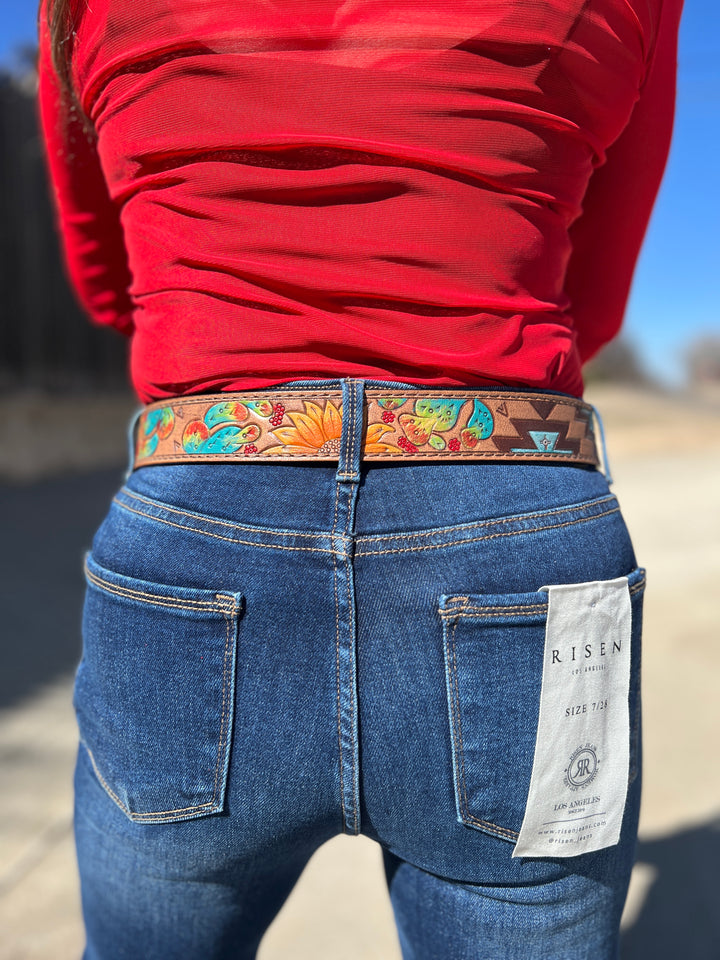 Olay Hand Painted Desert Flowers Tooled Leather Belt