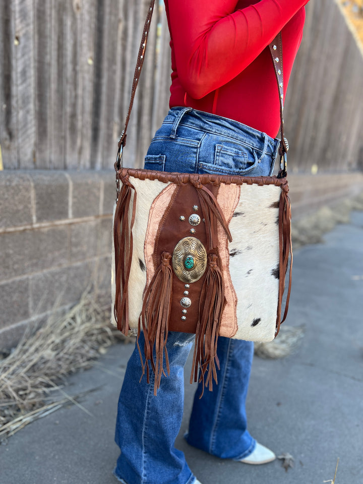 American Darling Raw Leather Hair On Hide Concho Bag