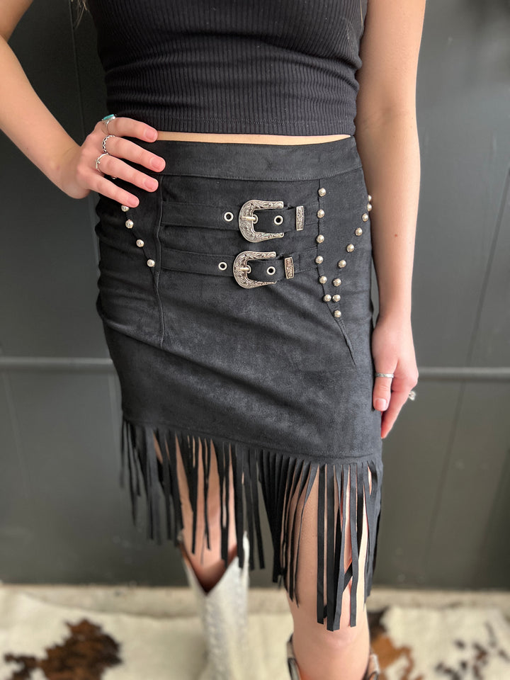 L&B Black Double Buckle Studded Suede Fringe Skirt*