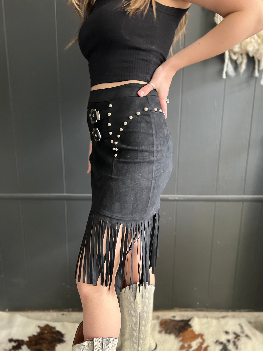 L&B Black Double Buckle Studded Suede Fringe Skirt*