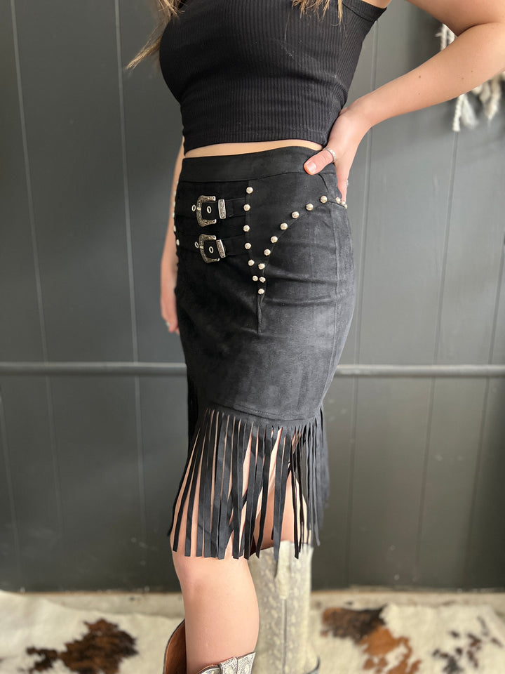 L&B Black Double Buckle Studded Suede Fringe Skirt*