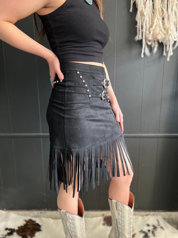 L&B Black Double Buckle Studded Suede Fringe Skirt*
