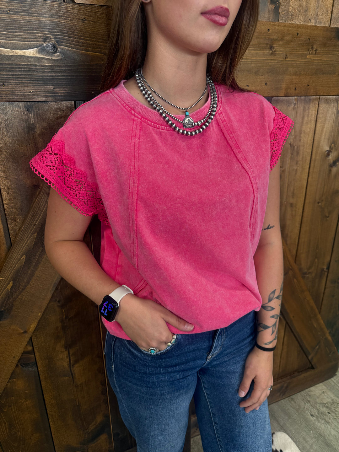 Mineral Wash Raw Seam Lace Trim Cap Sleeve Top