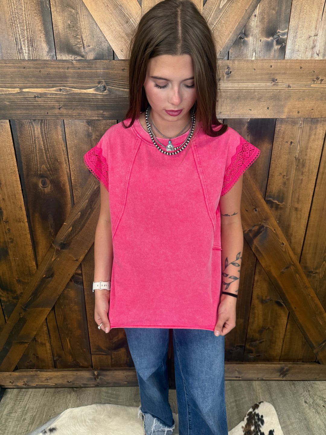 Mineral Wash Raw Seam Lace Trim Cap Sleeve Top