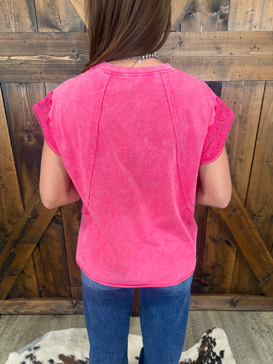 Mineral Wash Raw Seam Lace Trim Cap Sleeve Top