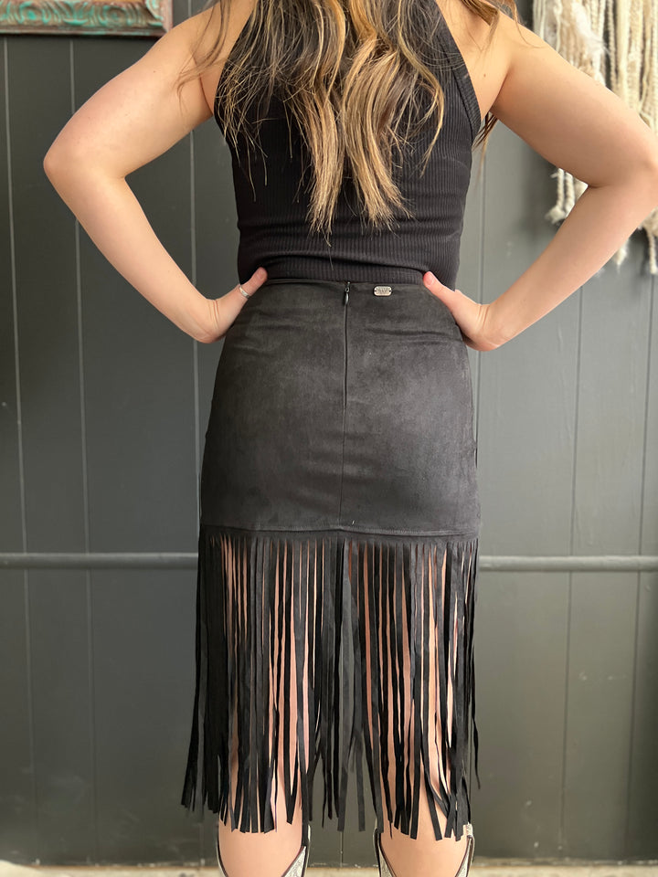 L&B Black Western Boot Stitch Embroidered Studded Suede Fringe Skirt*