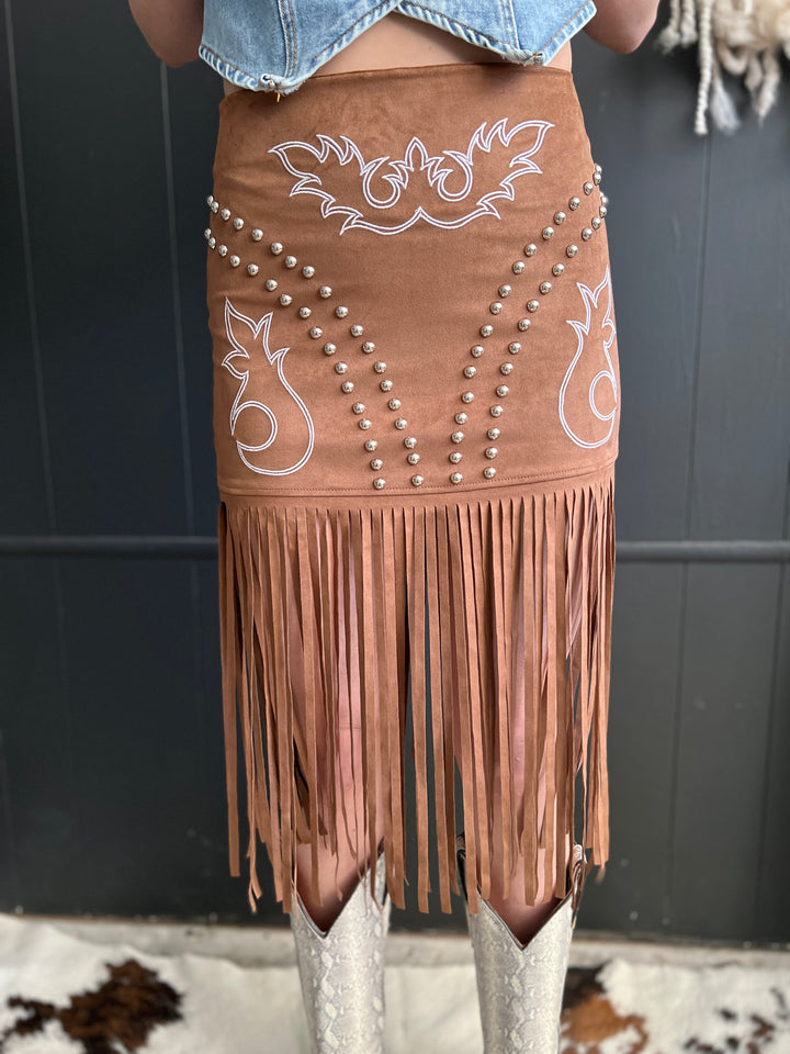 L&B Brown Western Boot Stitch Embroidered Studded Suede Fringe Skirt*