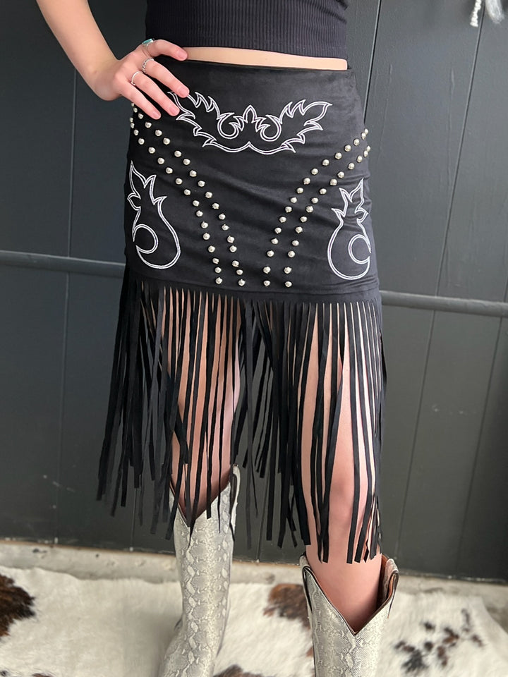 L&B Black Western Boot Stitch Embroidered Studded Suede Fringe Skirt*