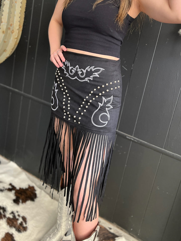 L&B Black Western Boot Stitch Embroidered Studded Suede Fringe Skirt*