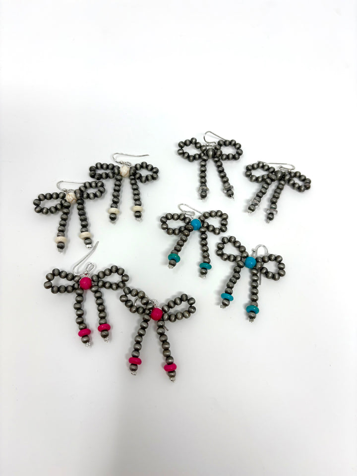 Silver Navajo Inspired Beaded Bow Dangle Earrings -4 Colors