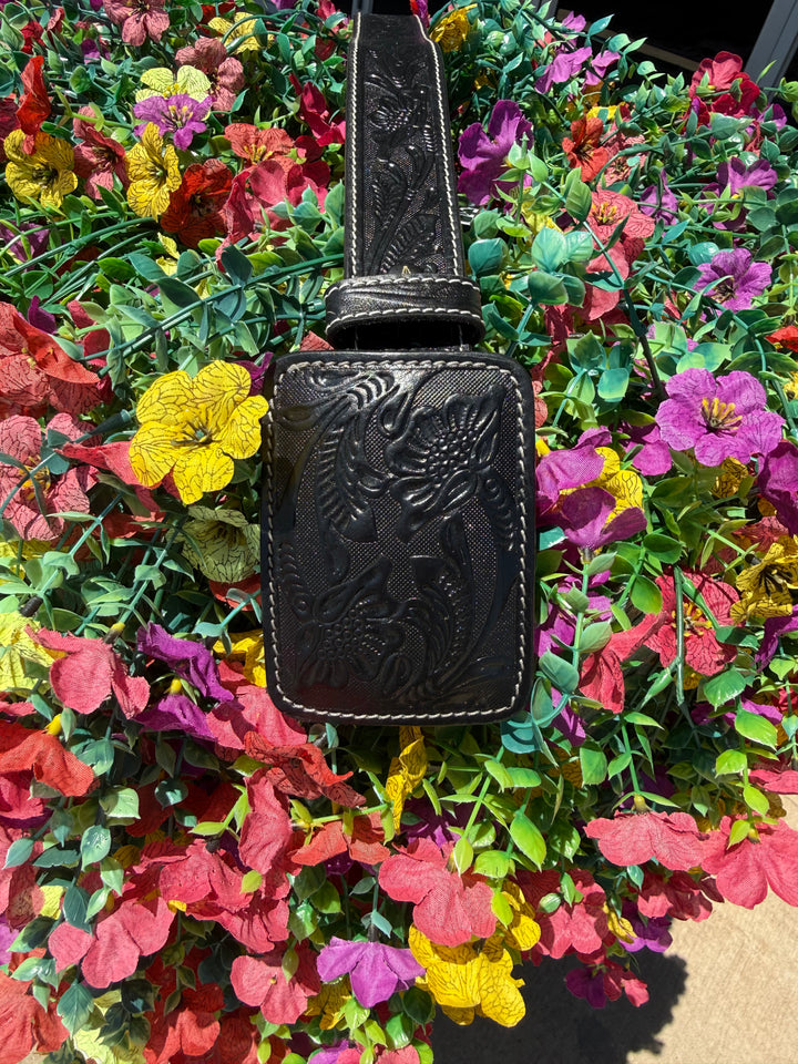 Black Floral Tooled Western Leather Belt w/ Square Leather Buckle
