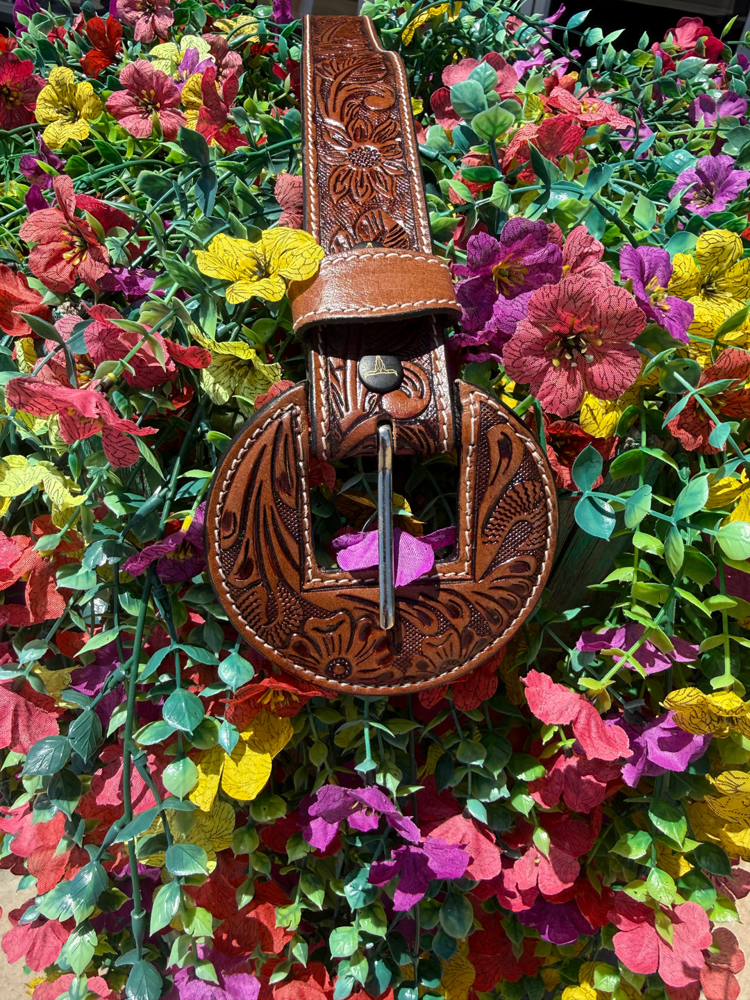 Brown Tooled Western Leather Belt w/ Round Leather Buckle