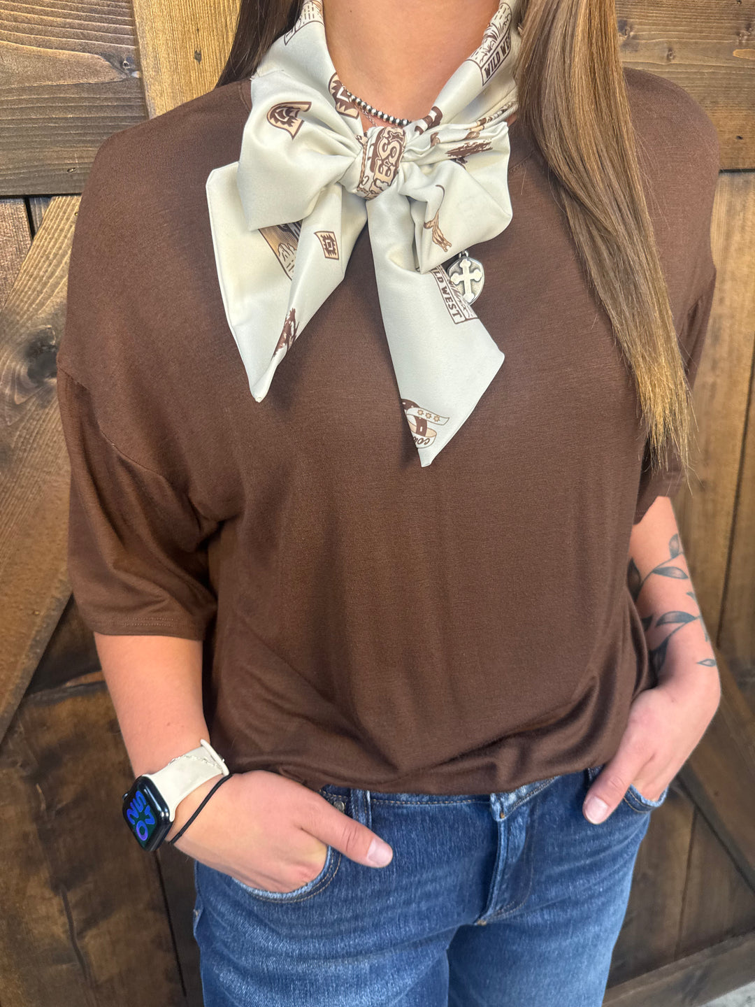 Khaki Twilly Scarf Woven Brown Top
