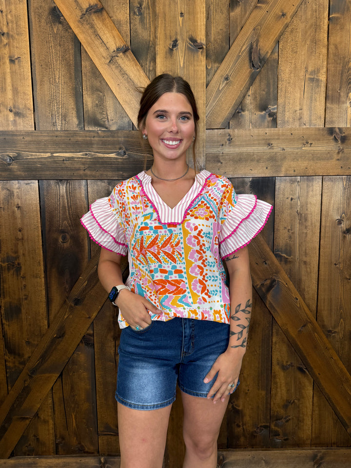 Boho Contrast Trim Striped Patchwork Tiered Blouse