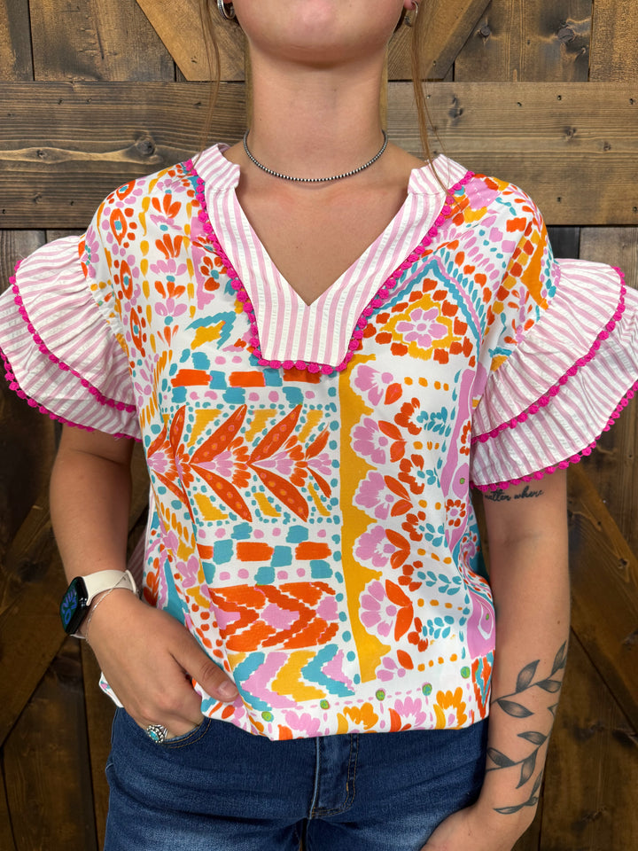 Boho Contrast Trim Striped Patchwork Tiered Blouse