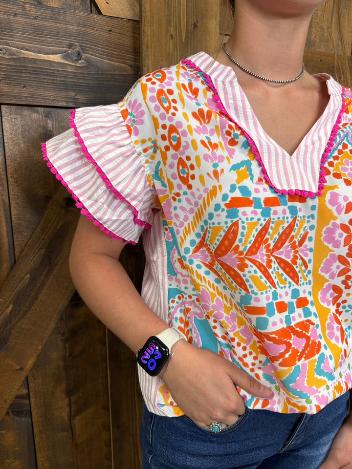 Boho Contrast Trim Striped Patchwork Tiered Blouse
