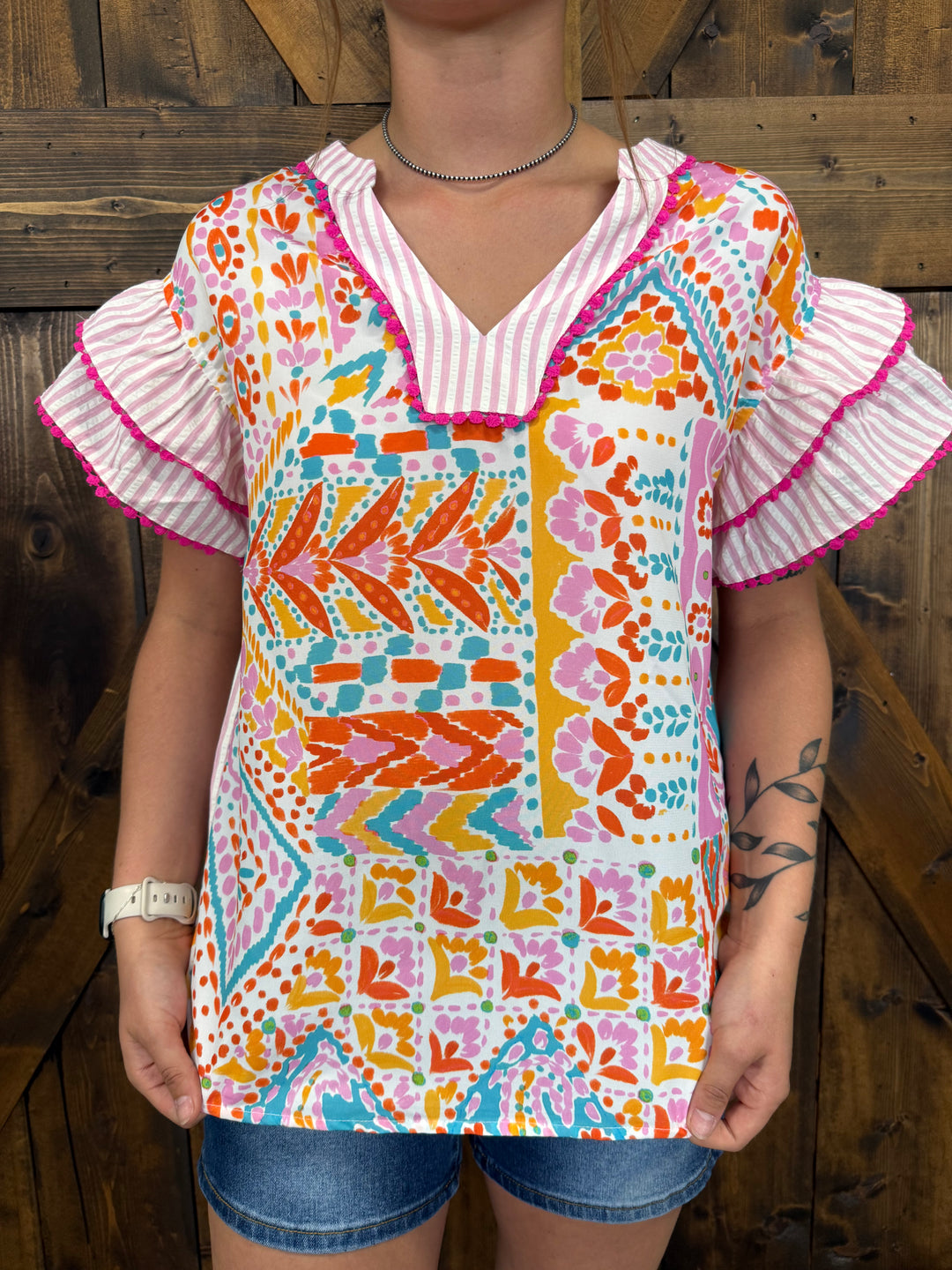 Boho Contrast Trim Striped Patchwork Tiered Blouse