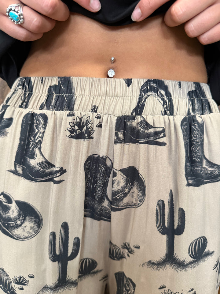 Khaki Vintage Western Print Wide Leg Pants