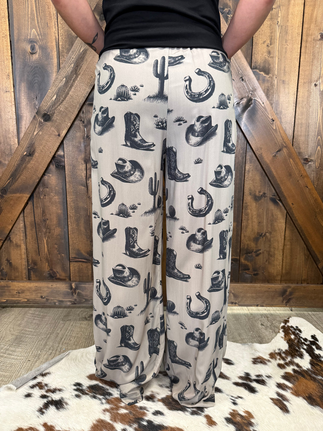 Khaki Vintage Western Print Wide Leg Pants