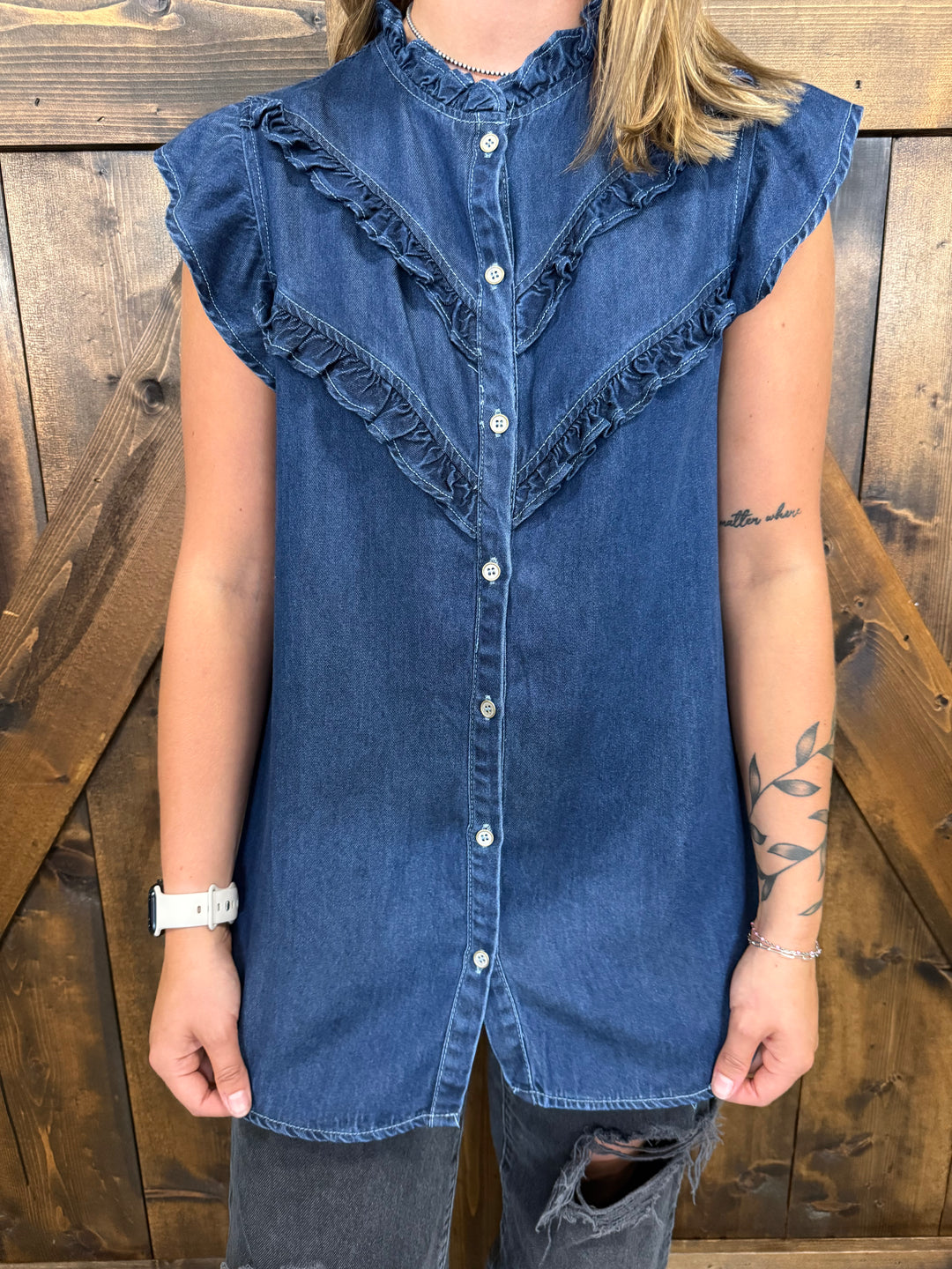 L&B Dark Wash Button Down Ruffle Vintage Top