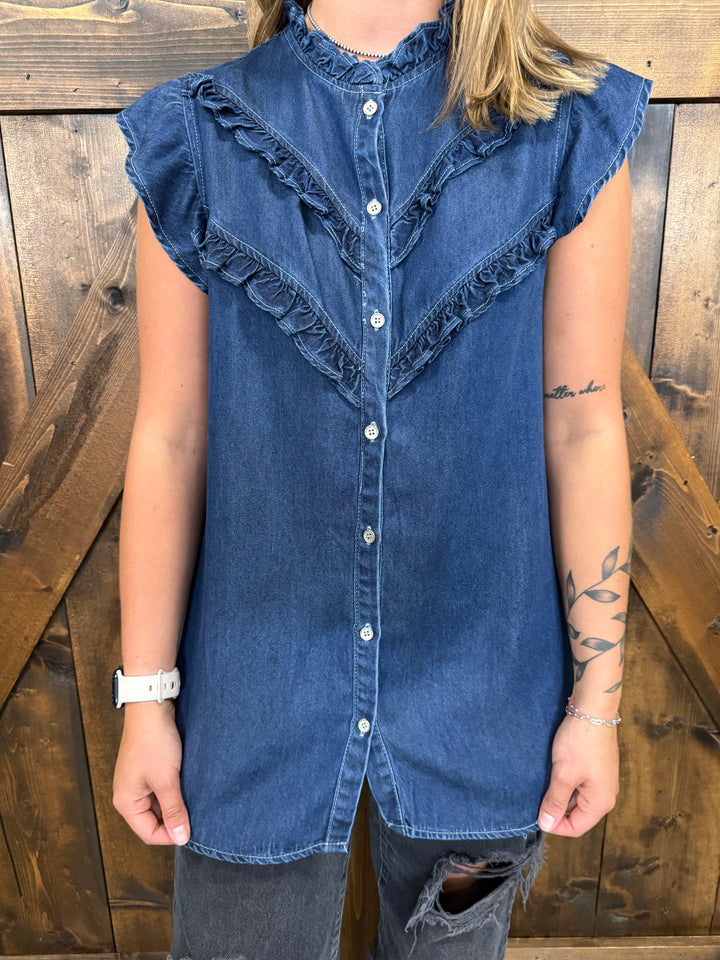 L&B Dark Wash Button Down Ruffle Vintage Top