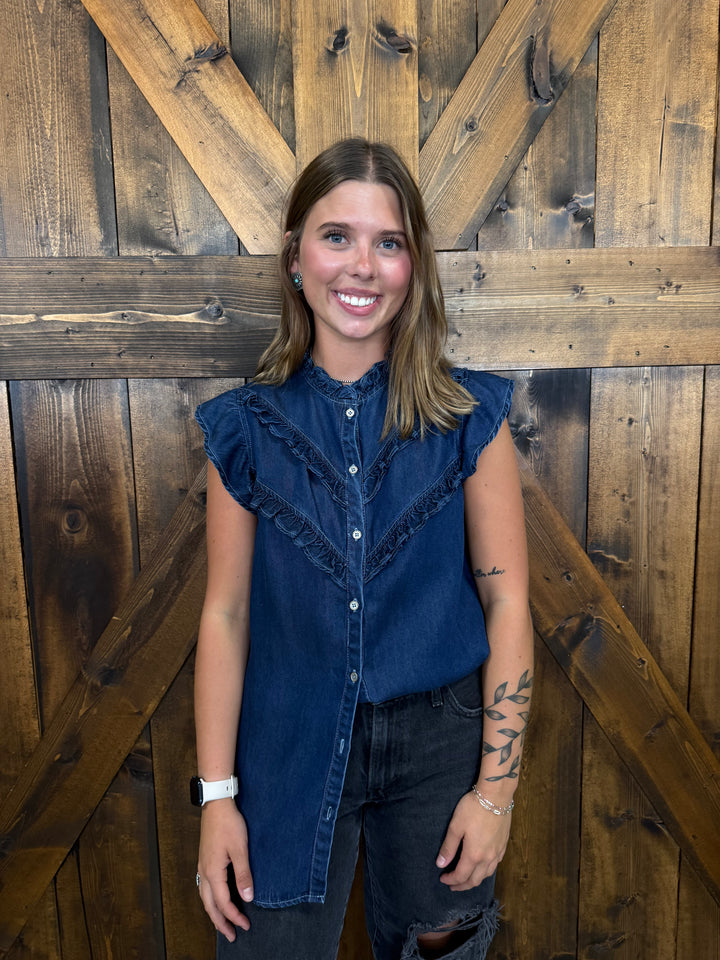 L&B Dark Wash Button Down Ruffle Vintage Top
