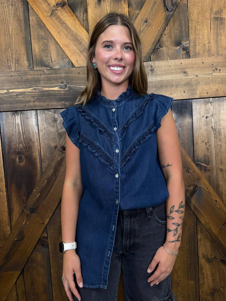 L&B Dark Wash Button Down Ruffle Vintage Top