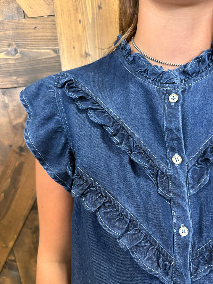 L&B Dark Wash Button Down Ruffle Vintage Top