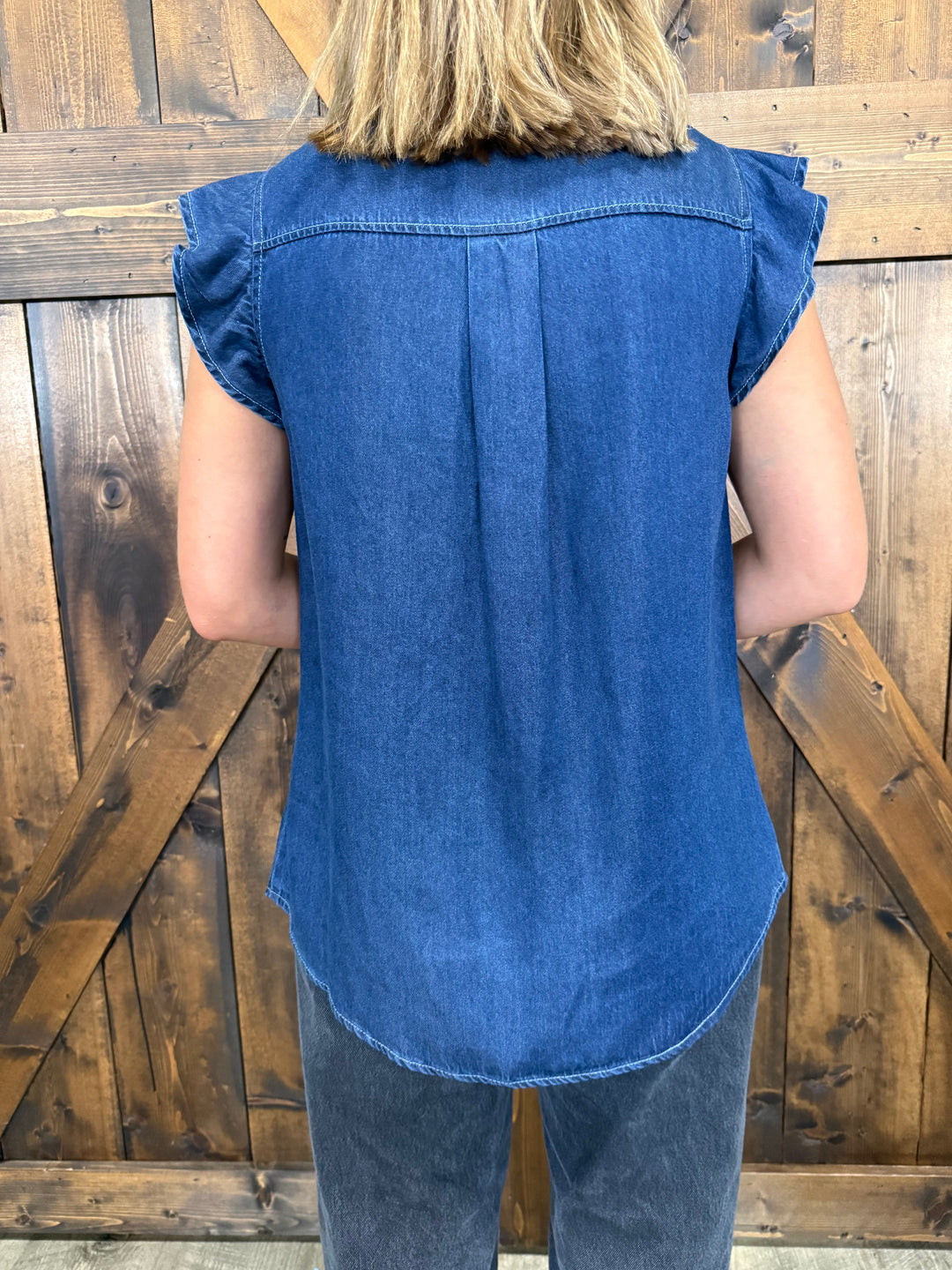 L&B Dark Wash Button Down Ruffle Vintage Top
