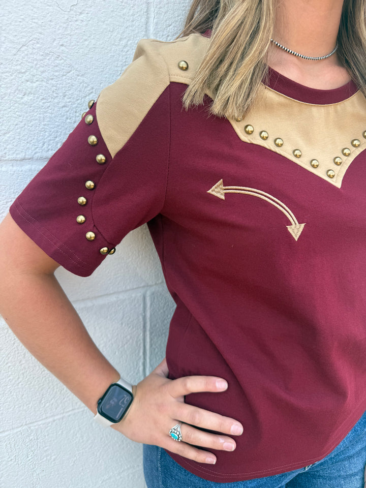 Burgundy Western Yoke Studded Contrast Top