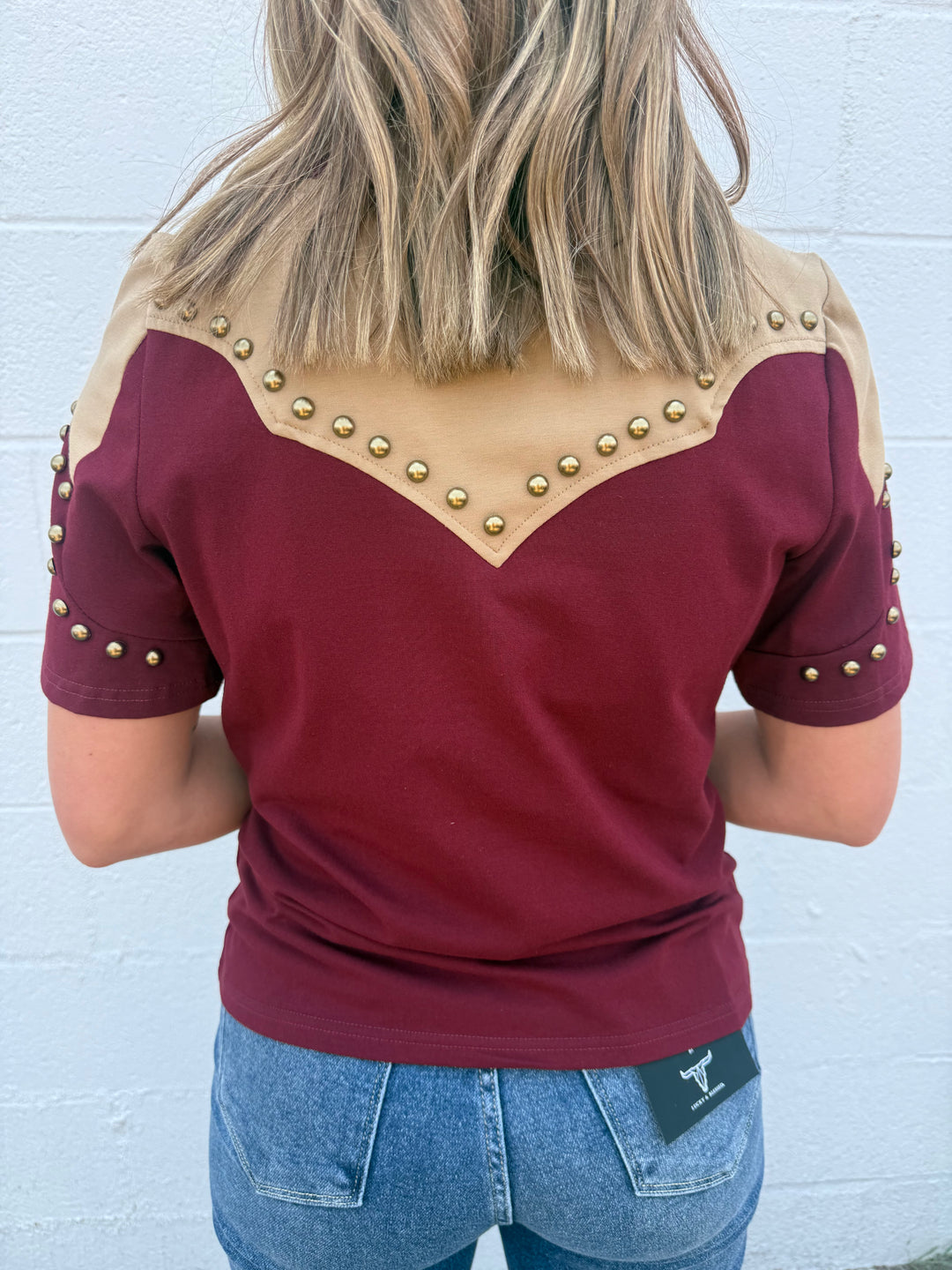 Burgundy Western Yoke Studded Contrast Top