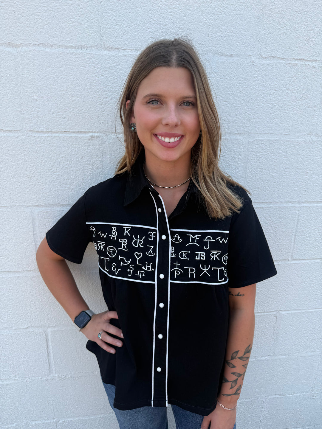 Black Cattle Brand Embroidered Snap Button Western Top
