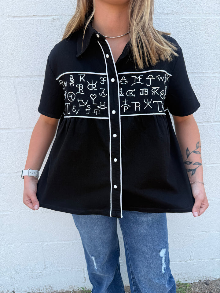 Black Cattle Brand Embroidered Snap Button Western Top
